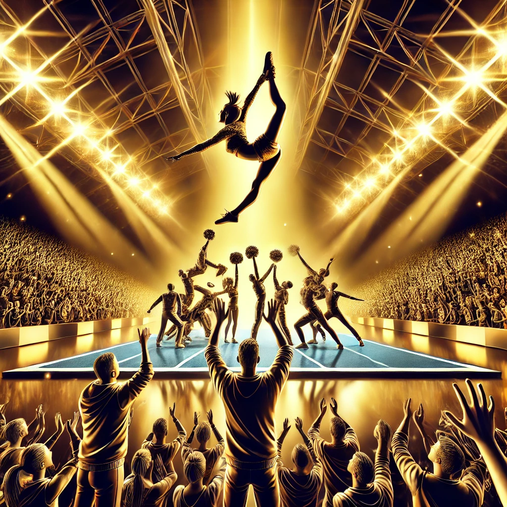 An inspiring digital illustration of a gymnast executing a flawless floor routine in a competition arena. The athlete is mid-performance, displaying strength and flexibility, illuminated by golden spotlights, while judges and an enthusiastic crowd watch intently.