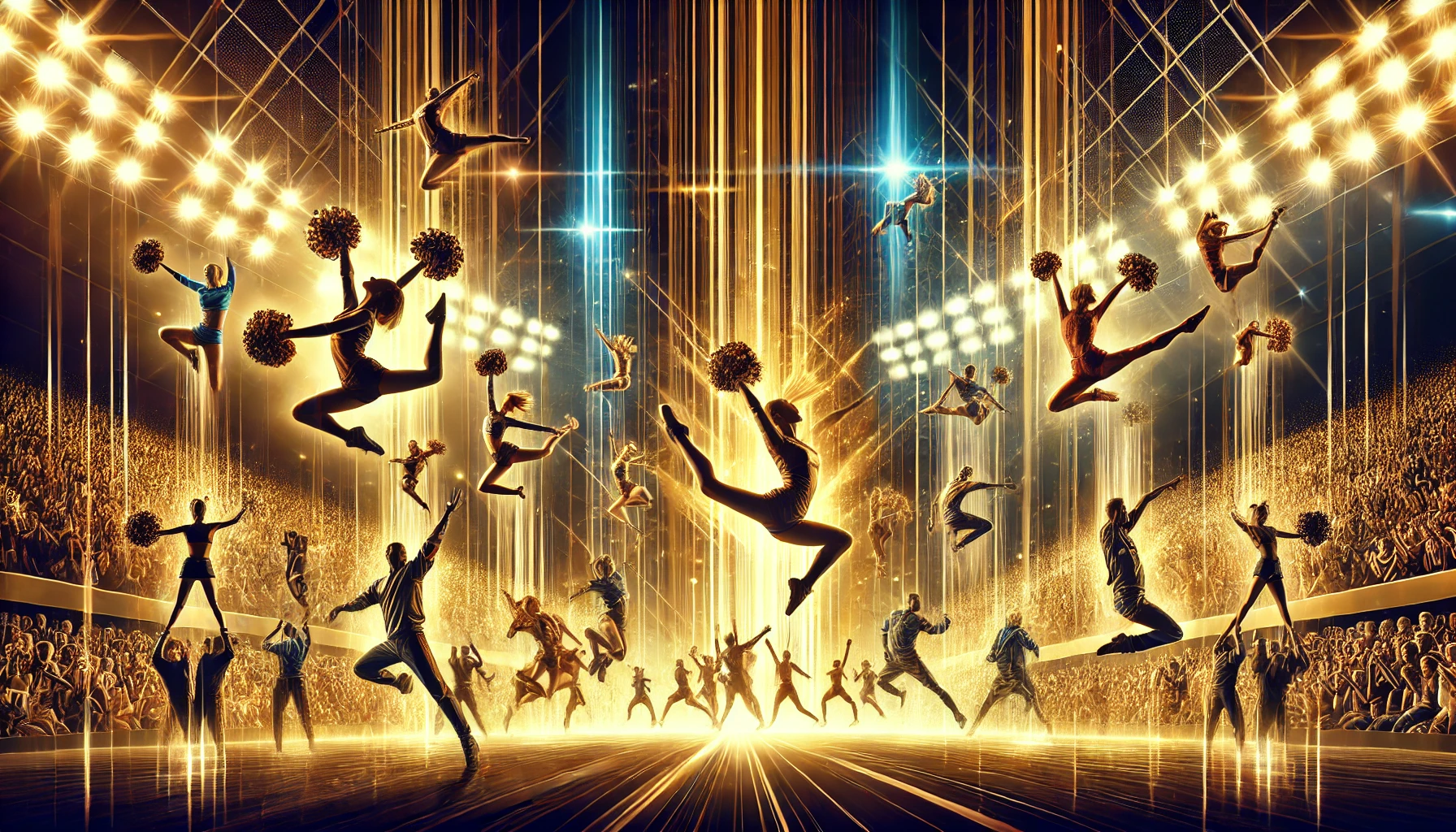 A high-energy digital illustration of cheerleaders, dancers, and gymnasts performing in a stadium.